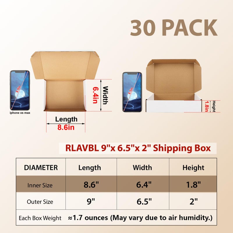 RLAVBL 9x6.5x2 Inches Shipping Boxes Set of 30, White Small Corrugated Cardboard Box, Mailer Boxes for Packing Small Business - Image 2